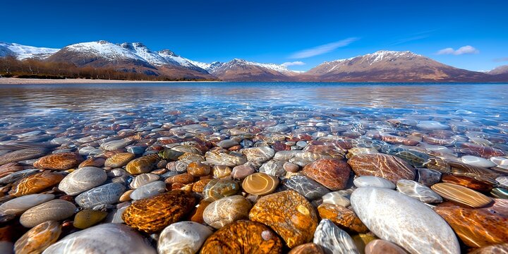 Lake with Rocks and Snow-capped Mountains Under a Blue Sky