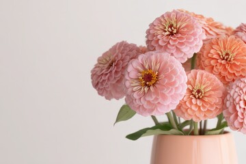 Obraz premium Soft pink and peach zinnia blossoms in a vase.