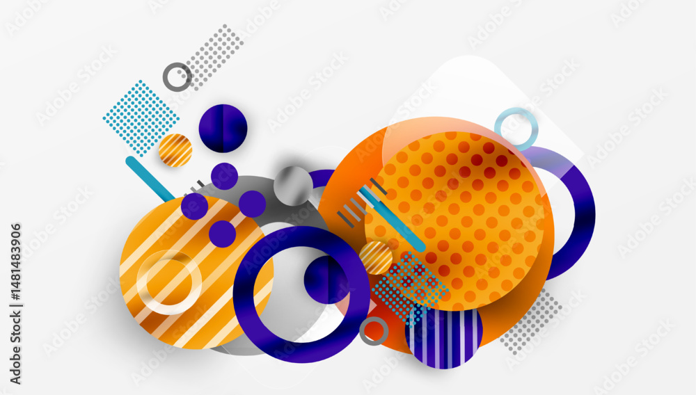 Poster abstract geometric shapes overlap, creating vibrant composition. orange, purple dominate design with