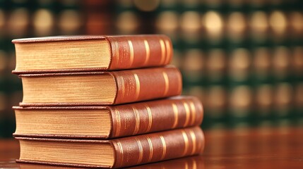 Stack of Antique Leather Bound Books on Wooden Surface