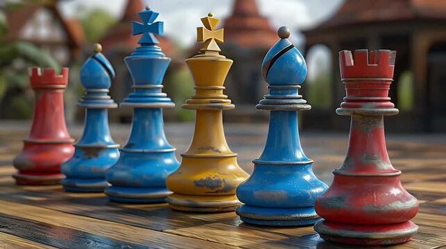Chess figures positioned on a chess board.