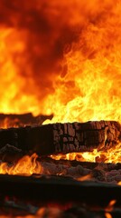 Intense Fire Engulfing Wood Log Close Up Shot Flames Burning Brightly Heat Rising Danger Concept Energy Source