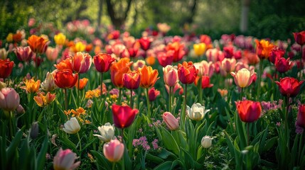 A vibrant field of colorful tulips in a bright springtime garden