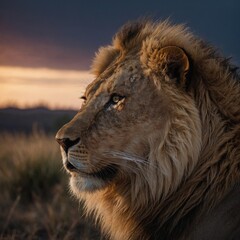 Wild lion gazing into the distance at twilight