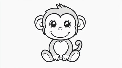 Cute cartoon monkey sitting, cheerful expression, simple line art, for children's content