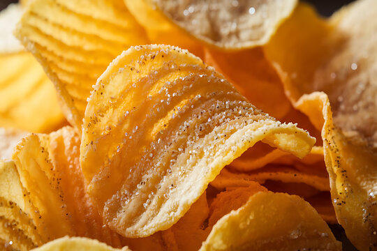 Close up image of crispy potato chips lightly sprinkled with salt for snack foods