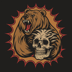 Aggressive Grizzly Bear Roaring with Skull Vector Graphic Illustration