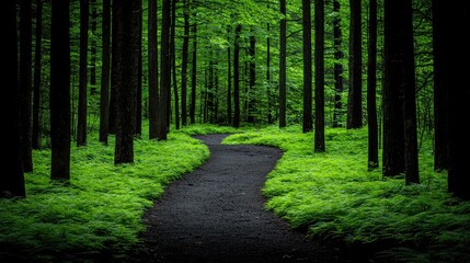 Obraz premium A winding path through a dense and vibrant green forest
