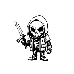 Cartoon Grim Reaper Figure Character with Sword, Halloween Theme Illustration