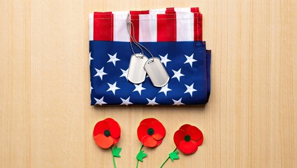 Obraz premium Remembrance day concept with american flag dog tags and red poppies on wooden texture