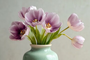 Obraz premium Delicate purple-toned tulips in a mint green vase.