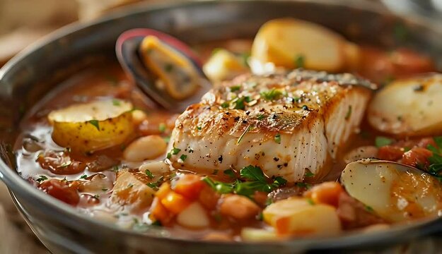 Seafood chowder simmering in a pot with fish, clams, and vegetables.