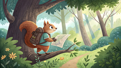 Naklejka premium Charming Illustration of a Squirrel Backpacker Exploring a Forest Path