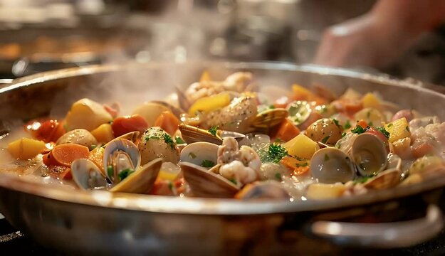 Seafood chowder simmering in a pot with fish, clams, and vegetables.