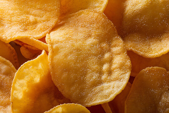 Close up photograph of stacked crispy potato chips with salt and texture detail