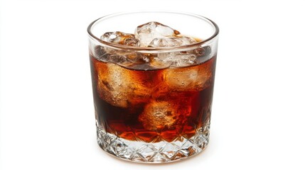 Refreshing cola drink with ice cubes in a glass on white background studio shot close up beverage
