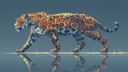 Naklejka premium Majestic Jaguar Walking on Water Abstract Wildlife Art Nature Reflection
