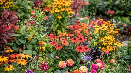 A vibrant garden bursting with colorful flowers and lush green foliage