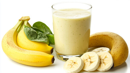 Glass filled with banana and spinach green smoothie, isolated against a white backdrop