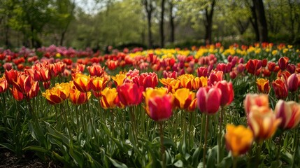 Colorful field of tulips in full bloom during springtime weather