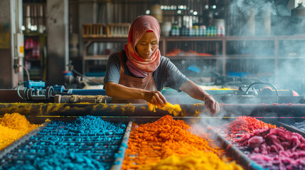 Worker Sorting Colorful Incense Powder in Traditional Factory

