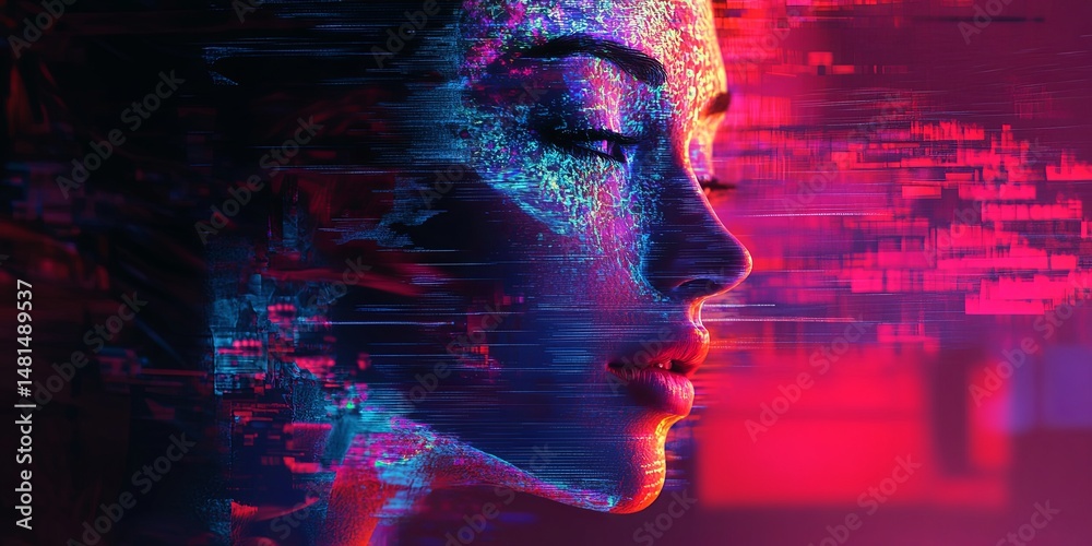 Poster an avant-garde digital art lab with shifting holographic styles and bioluminescent artworks, pushing