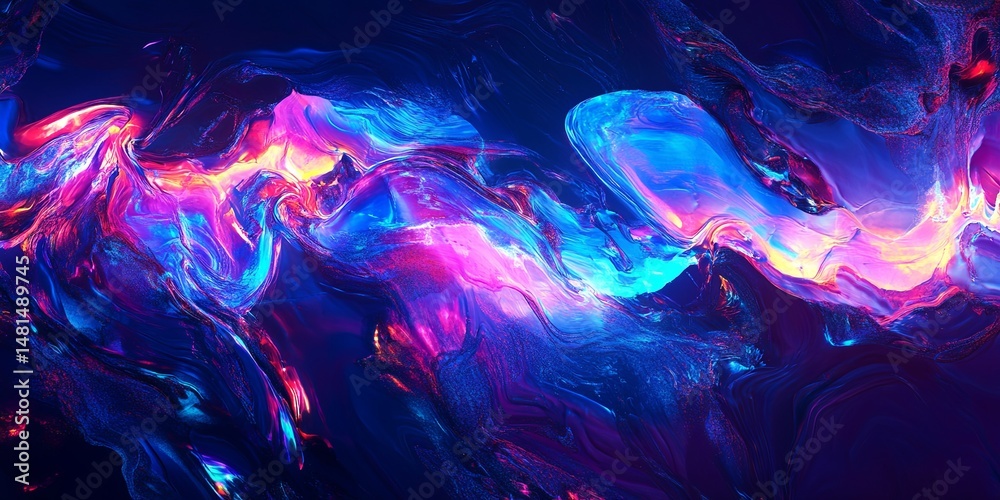 Poster an avant-garde digital art lab with shifting holographic styles and bioluminescent artworks, pushing