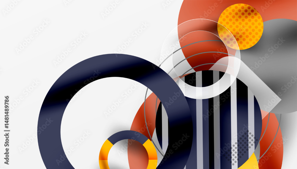 Fototapete Abstract geometric composition. Circles, rectangles overlap creating dynamic visual effect. Orange, navy, gray tones dominate design.