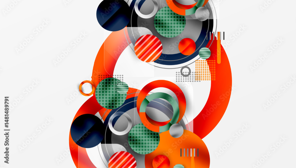 Poster abstract geometric shapes overlap, creating dynamic composition. circles, squares, lines form modern