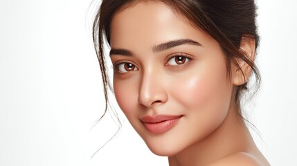 Elegant woman in minimalist portrait, white background, serene pose, beauty and fashion photography