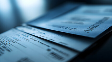 Stacked papers with text visible under cool lighting. Focus on documents.