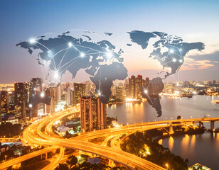 World Map Overlaying City Skyline at Night Emphasizing Global Network Connectivity with Highway Traffic at Dusk with Blue Sky and Luminous Cityscape