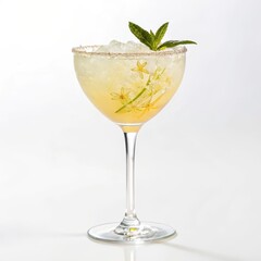Exquisite high-contrast elderflower cocktail with a fresh mint sprig garnish served in a stylish glass