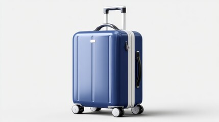 Blue rolling suitcase on white background, ideal for travel and storage