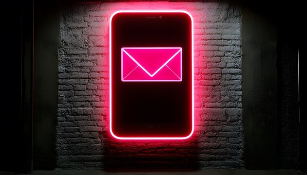 Illuminated mobile phone displaying a message icon on a brick wall.