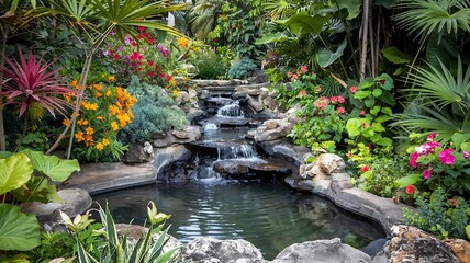 Naklejka premium Serene garden landscape featuring a small waterfall and colorful flora and plants