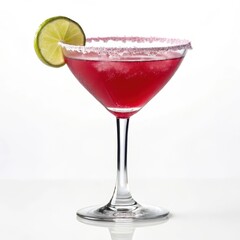 Vibrant hibiscus margarita cocktail with a lime slice garnish served in a clear glass captured from a high contrast side view