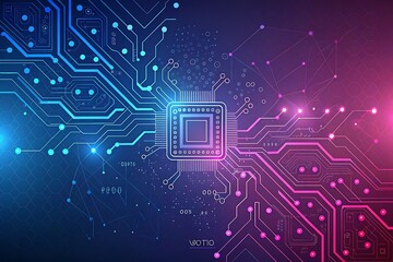 Futuristic network motherboard connects blue and pink circuit lines on a dark, digital background