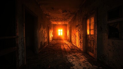A dilapidated hallway with bright light emanating from a window