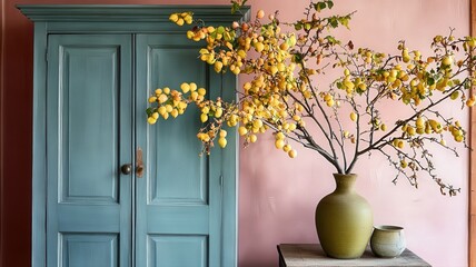 Dusty Pink Plaster Wall with Teal Cabinet and Yellow Flowers in Vase