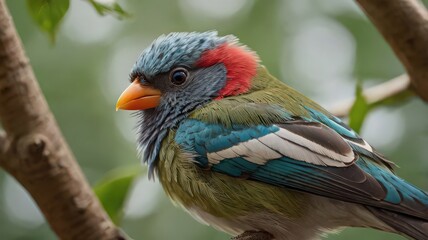 Obraz premium Close up of a colorful bird perched on a tree branch with a blurred green background in nature