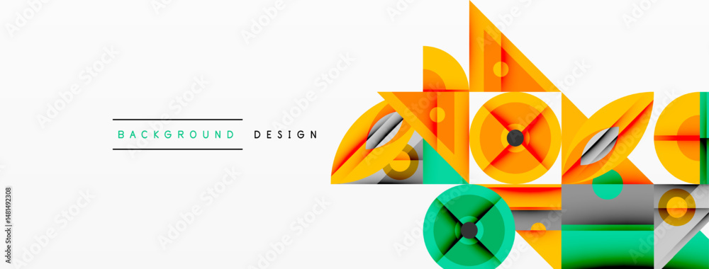 Poster Abstract geometric shapes, vibrant colors, modern design elements. Composition features triangles, circles, lines, overlapping forms.