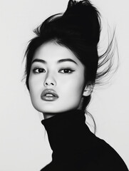 Monochrome Elegance: Asian Supermodel with Smoky Eyes in Black Turtleneck
