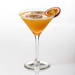 Exquisite passionfruit martini delightfully presented with a slice of fruit in a striking side view high contrast image