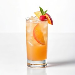 Unique peach ginger cocktail featuring a slice of orange in an artistic side view high contrast presentation style