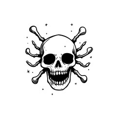 Monochromatic depiction of a skull adorned with abstract limb-like forms