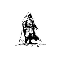 Mysterious hooded figure standing cloaked in monochromatic illustration on ground