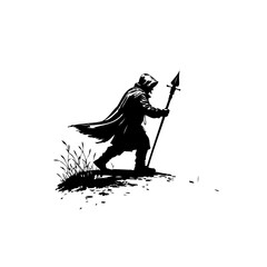 A solitary hooded figure with a spear advances across a minimalist landscape