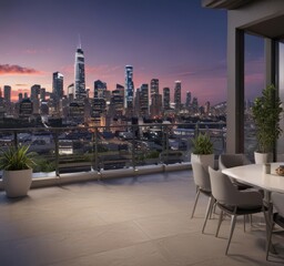 Obraz premium Sleek modern apartment, city skyline vista from rooftop terrace, space, night