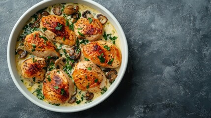 Gourmet chicken breast in a creamy sauce with mushrooms and herbs on a dark surface